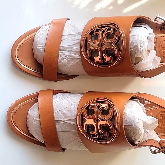 Tory Burch Miller Gold Metal 65mm Wedge Sandal Tan Rose Brown Size 8.5 medium - Picture 2 of 6